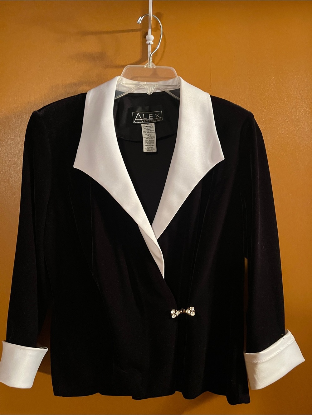 Alex Evenings Black Velvet Blazer with White Satin Collar and Cuffs